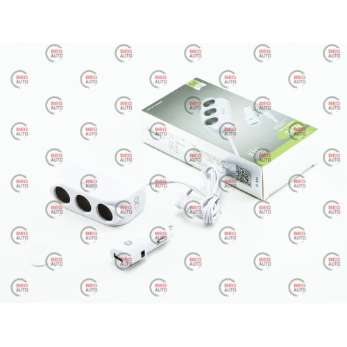 разветвитель прикур. 3 вых.   5А/  60Вт, 1 USB 2.1А, провод 0,82м, Евро, съемный штекер