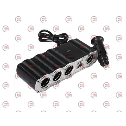 разветвитель прикур. 4 вых.   5А/  60Вт, 2 USB 1.0А, провод 0,60м, Евро