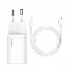 зарядний пристрій від мережі 220В на  Type C 3.0A, QC 20W + кабель Type-C - Lightning, білий