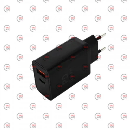 зарядний пристрій від мережі 220В на  USB + Type C 3.0A, QC 18W, чорний