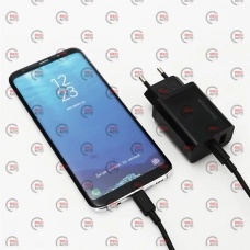 зарядка от cети 220В на  USB + Type C 3.0A, QC 18W + кабель USB - Micro, черная