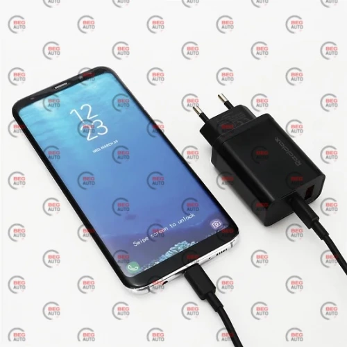 зарядний пристрій від мережі 220В на  USB + Type C 3.0A, QC 18W + кабель USB - Micro, чорний