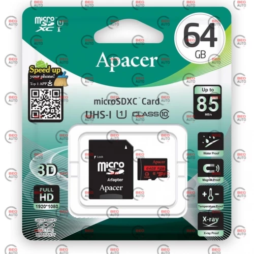 карта пам'яті microSDHC  64Gb class 10 (adapter SD)  Apacer до R85MB/s