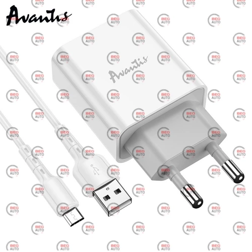 зарядний пристрій від мережі 220В на  USB 2.1A біла + кабель USB - Micro USB