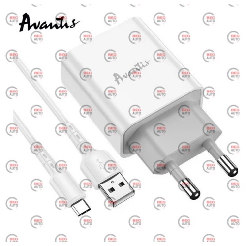 зарядний пристрій від мережі 220В на  USB 2.1A білий + кабель USB - Type C