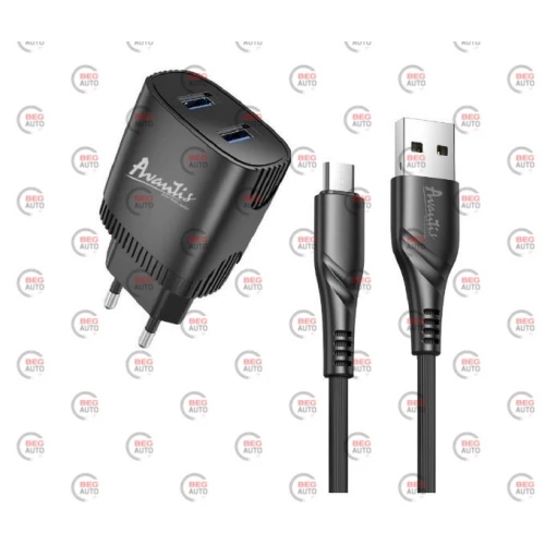 зарядний пристрій від мережі 220В на  2USB 2.4A чорний + кабель USB - Micro USB