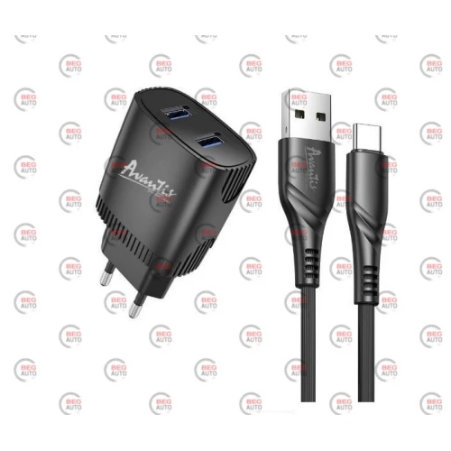 зарядний пристрій від мережі 220В на  2USB 2.4A чорний + кабель USB - Type C
