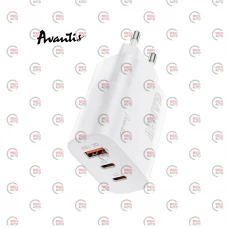 зарядний пристрій від мережі 220В на  USB + 2Type C 3.0A, QС PD 65W, GaN, білий