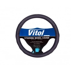 чехол руля  L  кожзам  (39 - 41 см)  черный Vitol  2 перфор. вставки, белая строчка