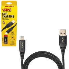 кабель для заряджання Voin  USB - iPhone,  1м, 3.0А  чорний, круглий каучукове обплет. позолоч, роз'