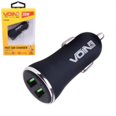 зарядка от прикуривателя Voin  2USB  3.0А QC (36W), круг черный, Евро