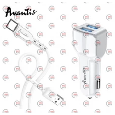 зарядка от прикуривателя Avantis  2USB  2.4А прямоугол. белый + кабель USB -  Type C Евро