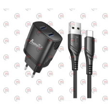 зарядний пристрій від мережі 220В на  2USB 2.4A чорний + кабель USB - Type C