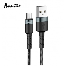 кабель для заряджання Avantis  USB - Micro USB,  1м, 3.0А  чорний, круглий тканинне обплет.