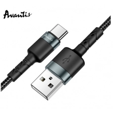 кабель для заряджання Avantis  USB - Type-C,  1м, 3.0А  чорний, круглий тканинне обплет.