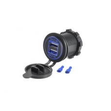 гнездо врезное 2 USB   2,1A+2,1A, 12-24В, крышка, с подсветкой синей