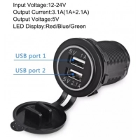 гнездо врезное 2 USB   1A+2,1A, 12-24В, крышка, с подсветкой оранжевой